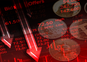 arrows and graphs showing stock market crash with various cryptocurrencies