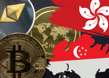 Ripple, Bitcoin, and Ethereum coins with Hong Kong and Singapore flags