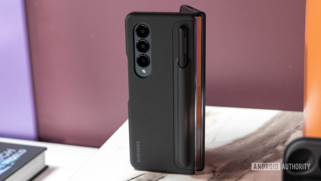 Samsung Galaxy Z Fold 4 standing up in Samsung case with S Pen