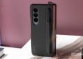 Samsung Galaxy Z Fold 4 standing up in Samsung case with S Pen