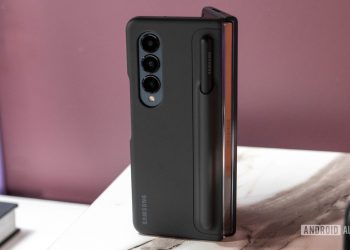 Samsung Galaxy Z Fold 4 standing up in Samsung case with S Pen